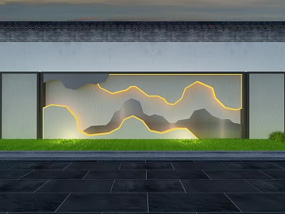 Modern Chinese Garden Landscape With Lighted Mountain Pattern Green Grass And Stone Pavement 3d model