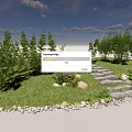 Garden Stepping Stones Path With Green Grass Trees And Stone Edges