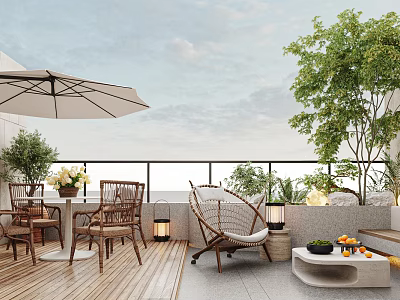 Terrace Garden With Wooden Deck Umbrella Wicker Chair Outdoor Furniture And Green Plants 3d model