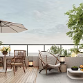 Terrace Garden With Wooden Deck Umbrella Wicker Chair Outdoor Furniture And Green Plants