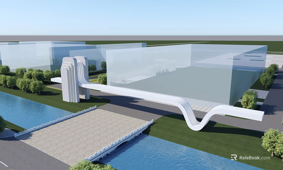 Modern Entrance Gate Featuring Wavy Structure With Stone Pathway Near Water And Greenery 3d model 