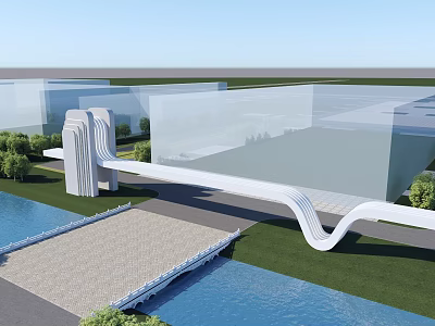 Modern Entrance Gate Featuring Wavy Structure With Stone Pathway Near Water And Greenery 3d model