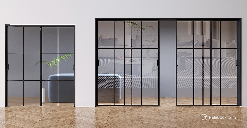 Modern Glass Sliding Doors With Black Frame For Living Room Interior Partition Design 3d model 