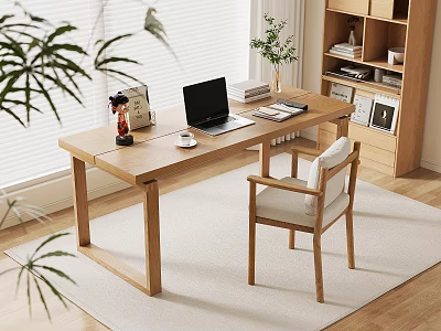 Wooden Desk In Minimalist Home Office With Laptop Books Potted Plant Chair And Natural Light 3d model