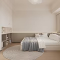 Kids Room Interior With White Cabinets Bed Gray White Bedding Round Rug And Potted Plant