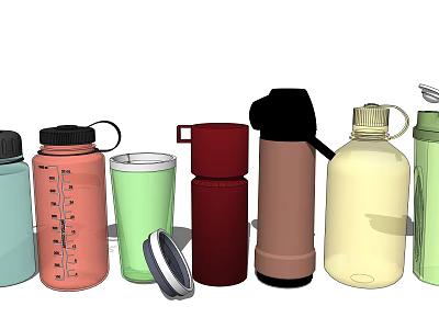 Colorful Assorted Drinkware Collection Including Plastic Stainless Steel Cups With Lids And Handles 3d model