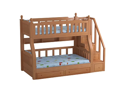 Wooden Bunk Bed With Staircase Drawers And Blue Mattress With Colorful Patterns 3d model