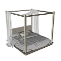 Modern Double Bed with Wooden Four-Poster Frame White Curtains and Gray Bedding Pillows