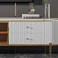 Modern TV Stand with White Gold Rattan Drawers Mounted TV Deer Figurine and Green Plant