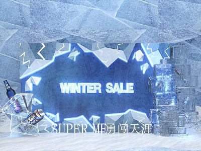 Winter Sale Photo Check-in Spot With Ice Sculpture Snowflake Blue Background Design 3d model