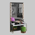 Elegant Dressing Table With Lighted Mirror Purple Flowers Cosmetics And Green Stool