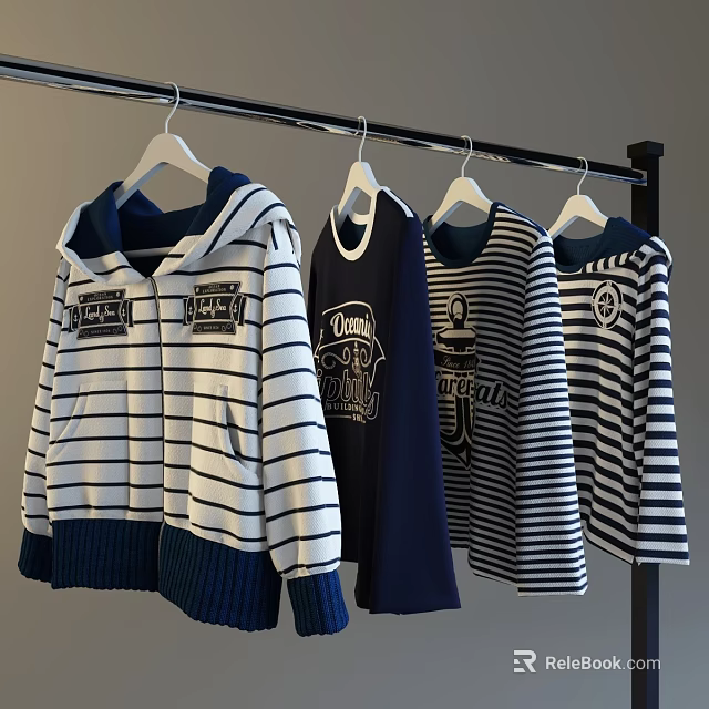 Hanging Casual Hooded And Striped Tops On Hangers With Blue White And Dark Blue Colors 3d model 