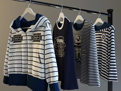 Hanging Casual Hooded And Striped Tops On Hangers With Blue White And Dark Blue Colors 3d model
