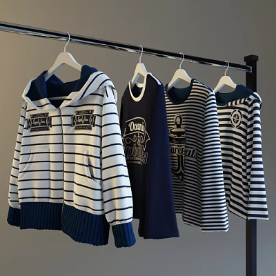 Hanging Casual Hooded And Striped Tops On Hangers With Blue White And Dark Blue Colors 3d model