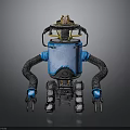 Blue Mechanical Robot With Black Arms Orange Head Device And Tracked Base
