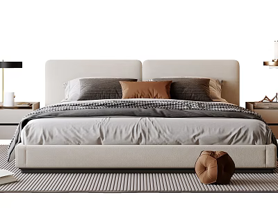 Modern Beige Upholstered Double Bed With Gray Bedding Pillows Nightstand Lamps And Rug 3d model