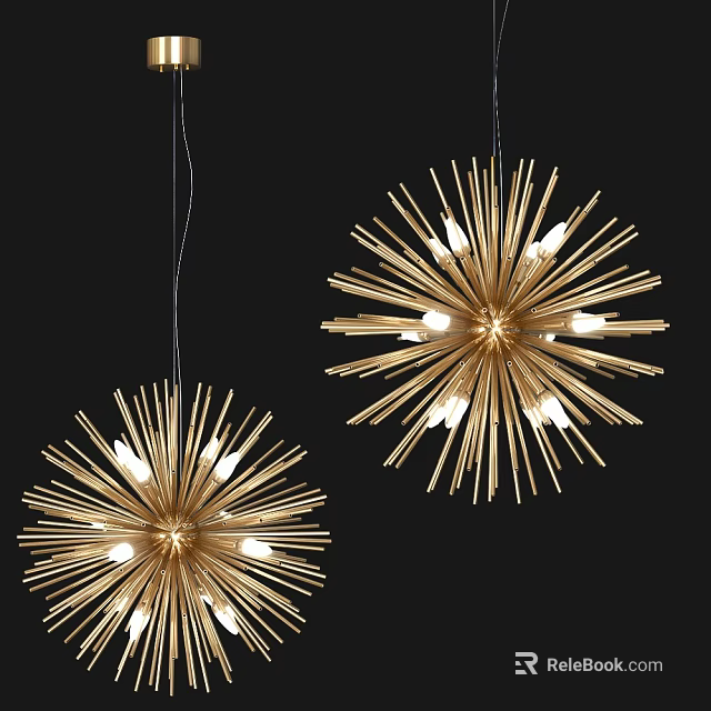 Golden Modern Spike Design Chandeliers With Decorative Bulbs For Hanging Interior Decor 3d model 