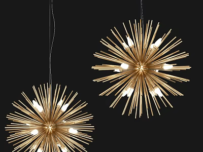 Golden Modern Spike Design Chandeliers With Decorative Bulbs For Hanging Interior Decor 3d model
