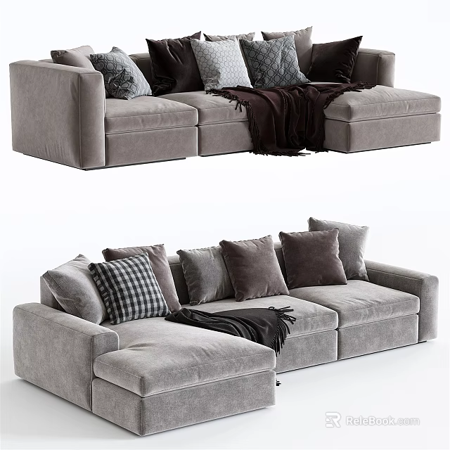 Modern Gray Sectional Sofa With Soft Fabric Multiple Pillows And Throw Blanket 3d model