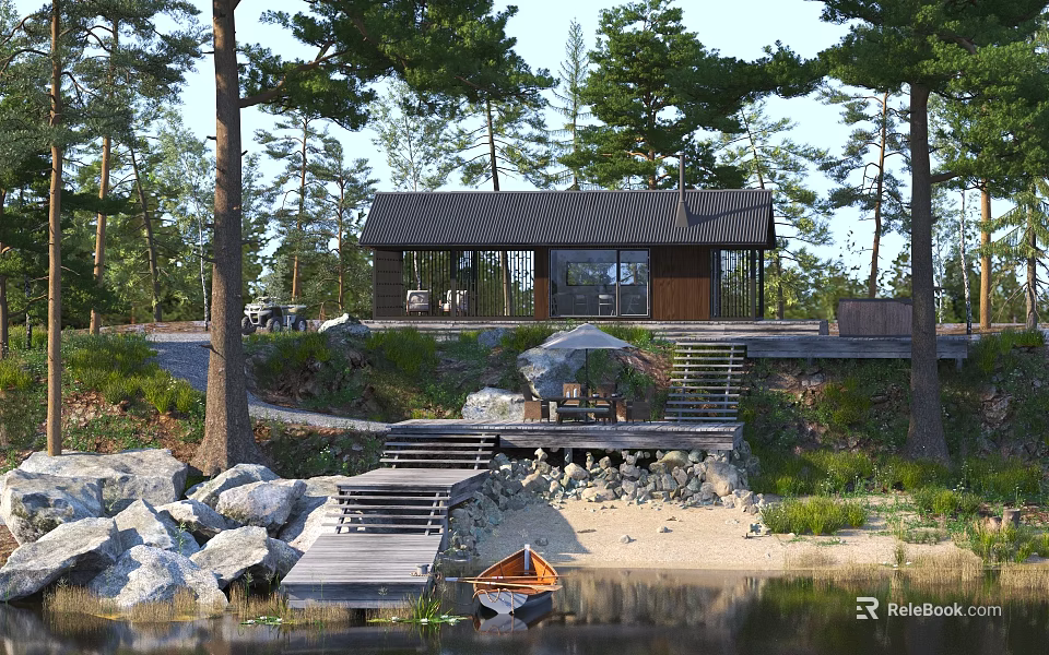 Scenic Detached Villa By Lakeside With Wooden Dock Small Boat And Trees 3d model 