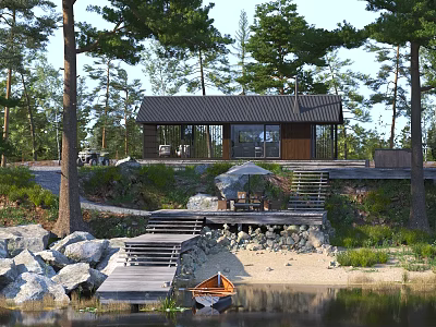 Scenic Detached Villa By Lakeside With Wooden Dock Small Boat And Trees 3d model
