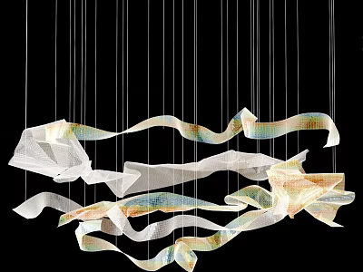 White Fabric Like Chandelier With Colorful Stripes And Flowy Design Hanging On Multiple Strings 3d model