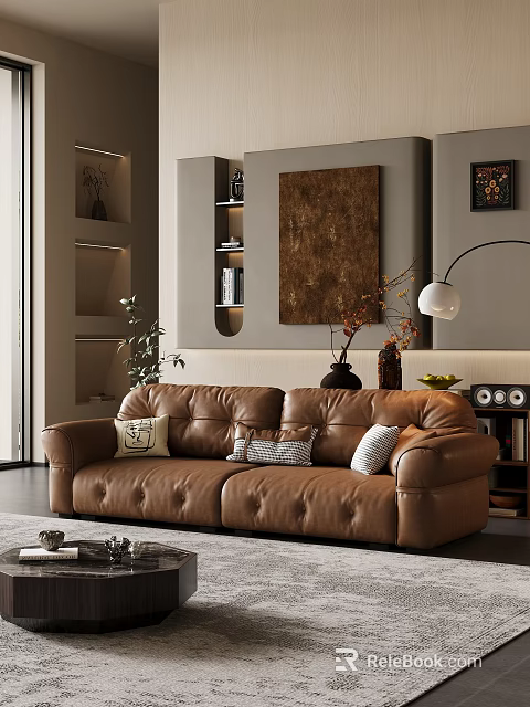 Cozy Modern Living Room Interior With Brown Leather Sofa Decorative Artwork And Floor Lamp 3d model 