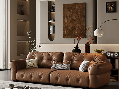 Cozy Modern Living Room Interior With Brown Leather Sofa Decorative Artwork And Floor Lamp 3d model