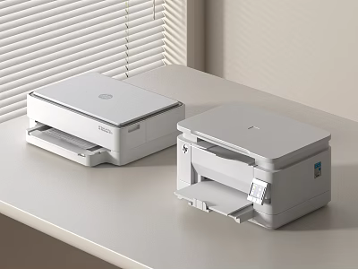 Office Electronics Two Compact White Printers on Modern Office Desk Setup 3d model