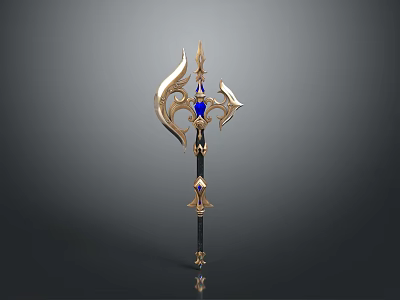 Ornate Fantasy Weapon With Golden Decorative Head Blue Gemstones And Intricate Design 3d model