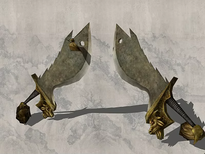 Two Decorative Scimitars with Golden Dragon Head Design against Landscape Painting Style Background 3d model