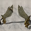 Two Decorative Scimitars with Golden Dragon Head Design against Landscape Painting Style Background