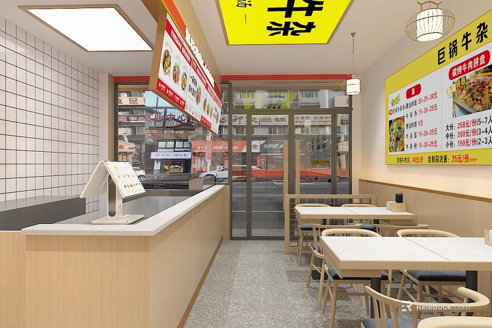 Bright Modern Restaurant Interior With Wooden Counter Tables Chairs And Menu Posters 3d model 