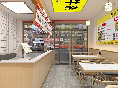 Bright Modern Restaurant Interior With Wooden Counter Tables Chairs And Menu Posters 3d model