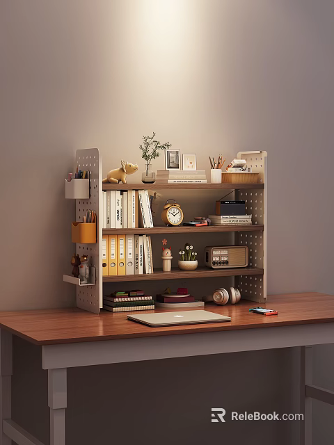 Functional Home Office Shelf Organizing Books Folders Clock Radio And Plants 3d model 