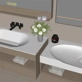 Modern Double Basin Washbasin Vanity With Wooden Cabinet White Countertop Black Faucet And Mirror