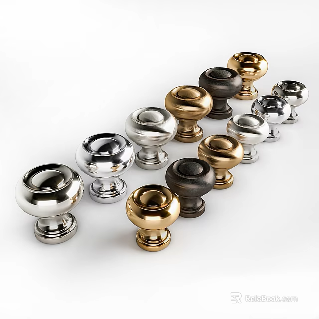 Decorative Ornament Set Featuring Silver Gold Black Round Metal Handles Arranged Together 3d model 