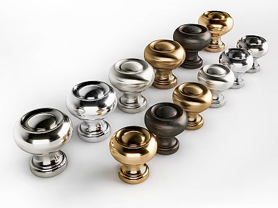 Decorative Ornament Set Featuring Silver Gold Black Round Metal Handles Arranged Together 3d model