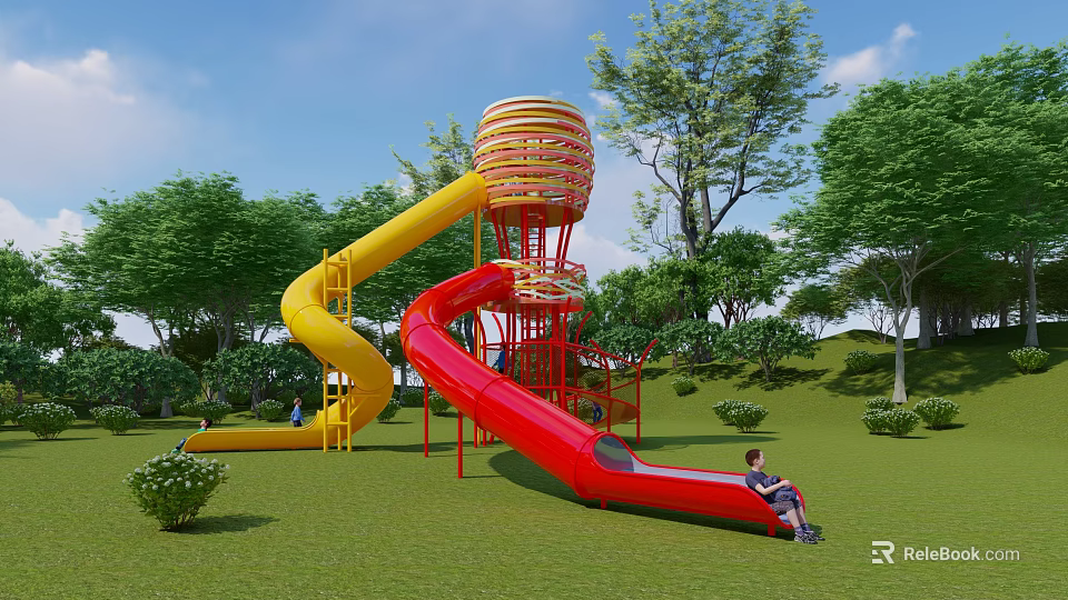 Garden Landscape With Yellow And Red Slide Tower Structure Green Grass Trees And Child 3d model 