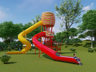 Garden Landscape With Yellow And Red Slide Tower Structure Green Grass Trees And Child 3d model