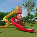 Garden Landscape With Yellow And Red Slide Tower Structure Green Grass Trees And Child
