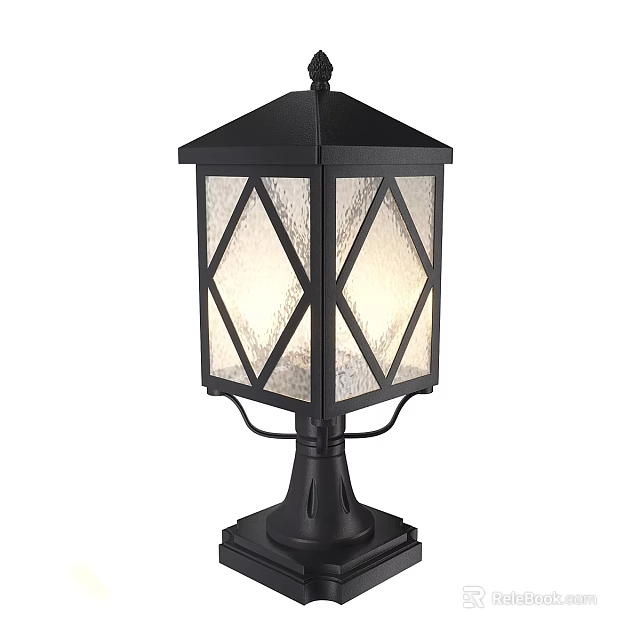 Modern Black Outdoor Post Light Featuring Diamond Pattern Glass Shade 3d model 