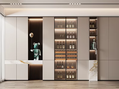 Modern Elegant Wine Cabinet with Displayed Wine Bottles Glassware Decorative Figurines and Marble Countertop 3d model
