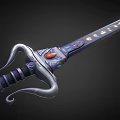 Ornate Fantasy Sword With Curved Silver Hilt Red Gemstone And Golden Blade Accents