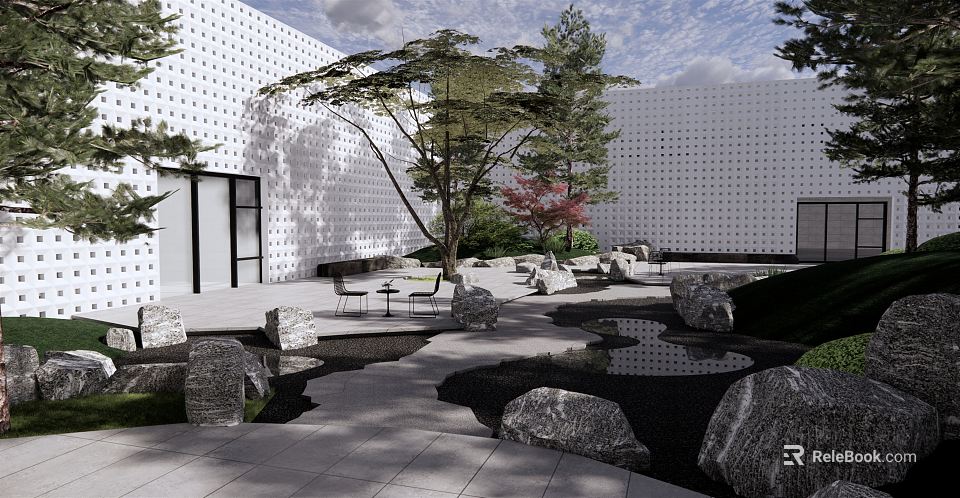 Traditional Karesansui Garden Design With Raked Gravel Natural Stones And Pine Trees 3d model 