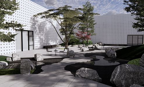 Modern courtyard demonstration area landscape courtyard garden dry landscape green island metasequoia forest white grid landscape wall 3d model