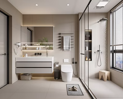 Modern Bathroom Interior With Glass Shower White Toilet Vanity Mirror And Towel Rack 3d model