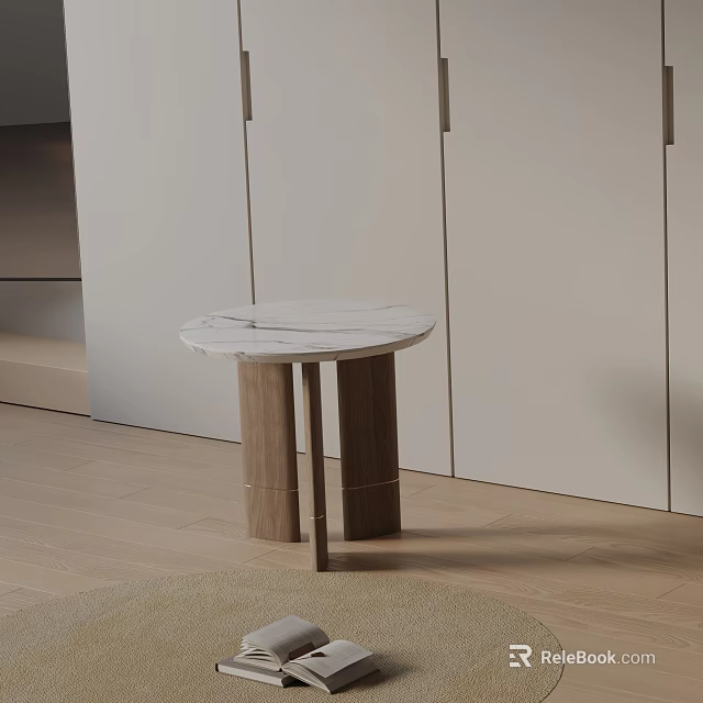 Modern Round Side Table with Marble Top and Wooden Base in Interior 3d model 