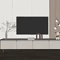 Modern White TV Stand In Living Room With Wall Mounted TV Green Plant And Decorations