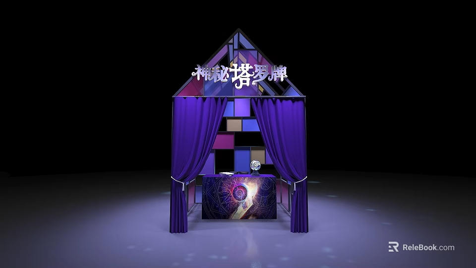 Mystery Tarot Themed Window Display Decoration With Purple Curtains And Colorful Square Panels 3d model 
